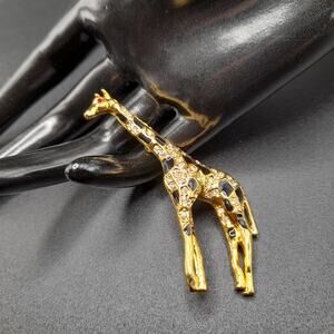 Vintage Giraffe Brooch, Clear Rhinestones, Black Enamel, 80s Jewelry